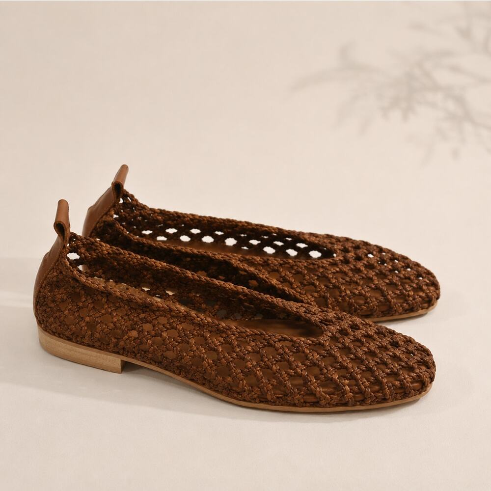 BALDININI Open Woven Leather Basketweave Flats Cognac Brown Sz 35 NWOB $450